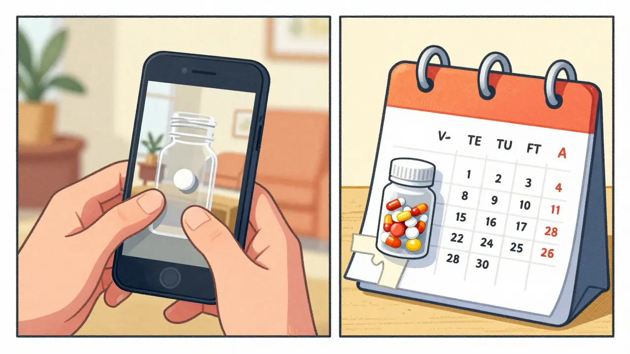 A visual medication calendar featuring photos of pills and bottles for easy identification.