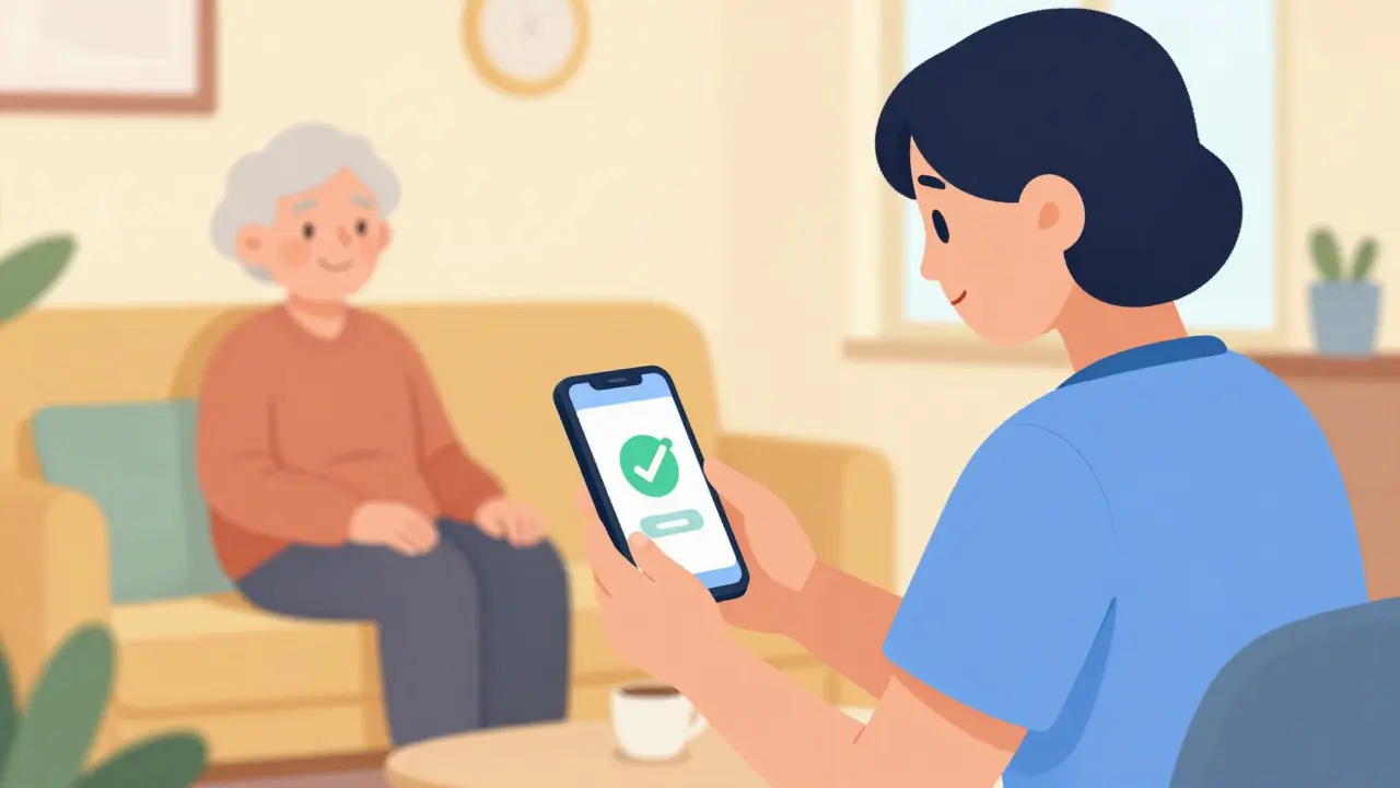 Caregiver checking a medication alert on a smartphone while an elderly person rests.