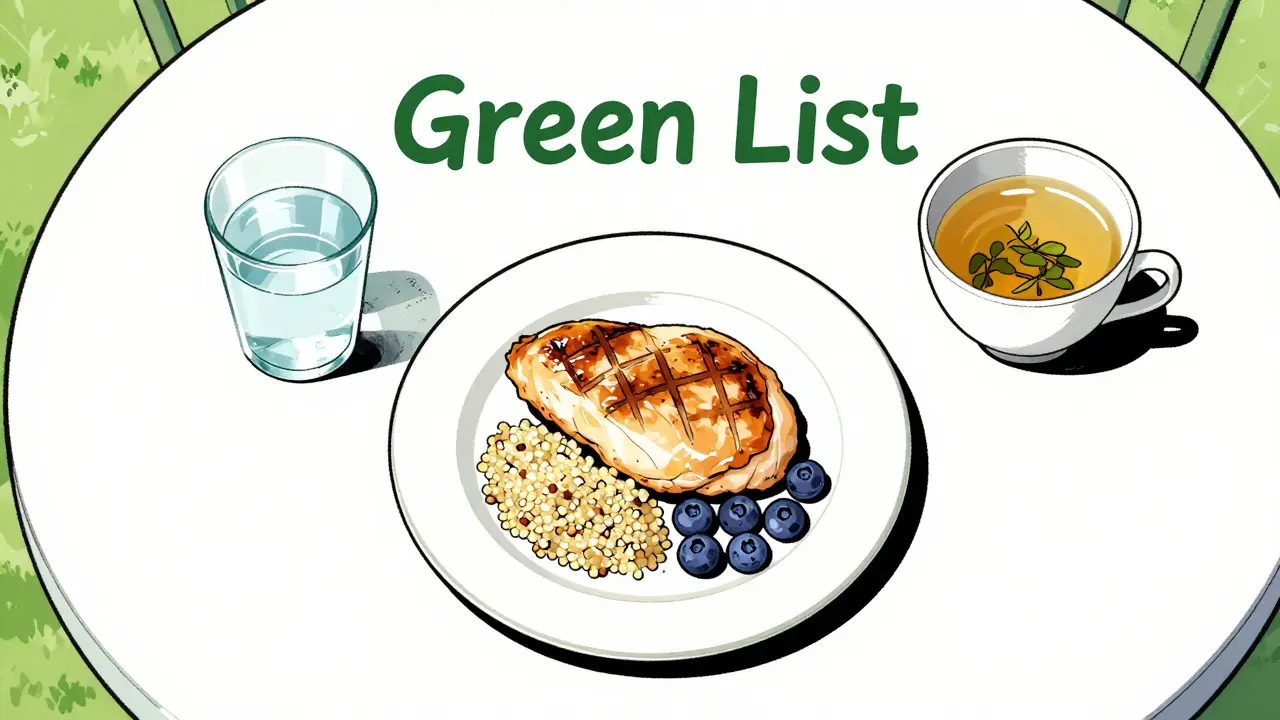 Comic style meal showing grilled chicken, quinoa, berries, and a small glass of water.