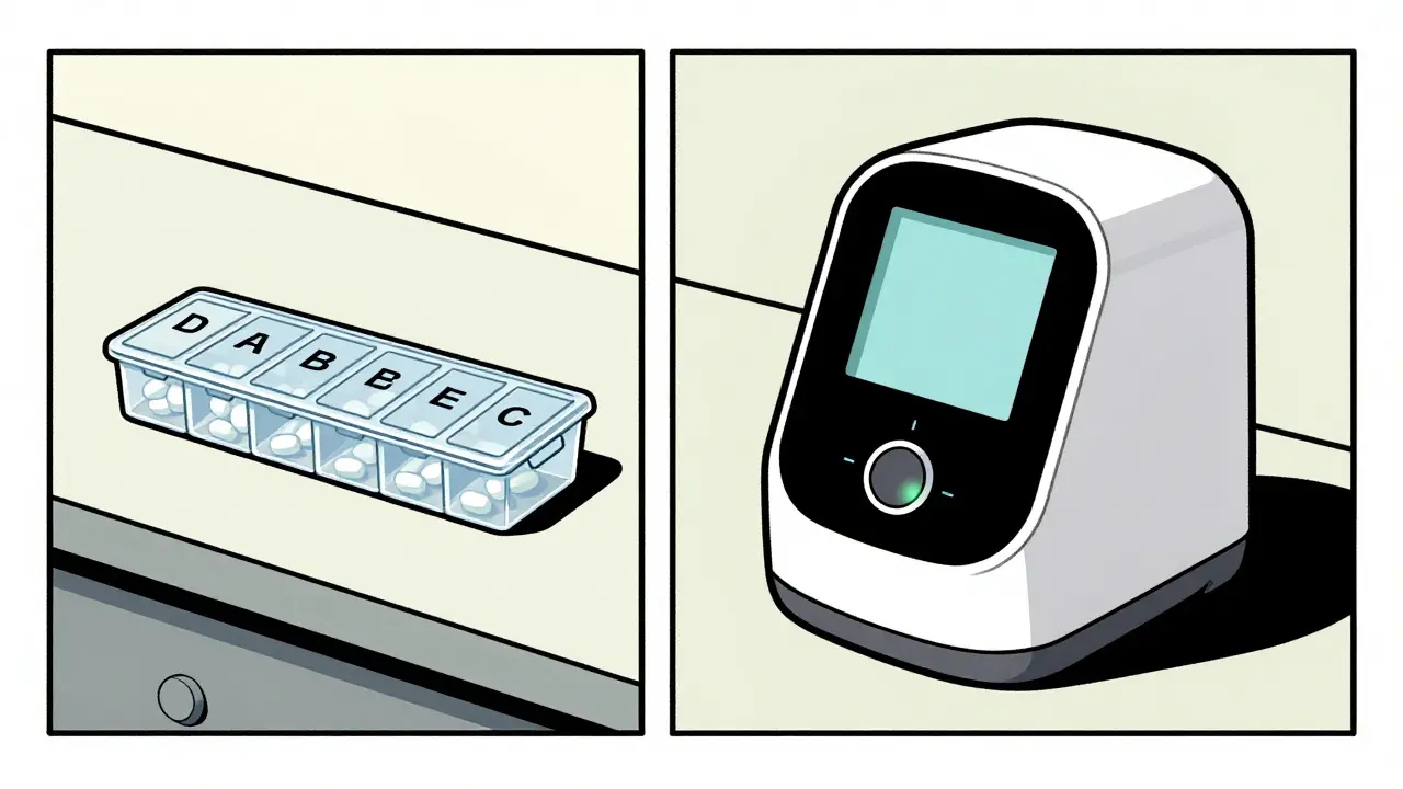 Comparison between a basic plastic pill organizer and a high-tech smart dispenser.