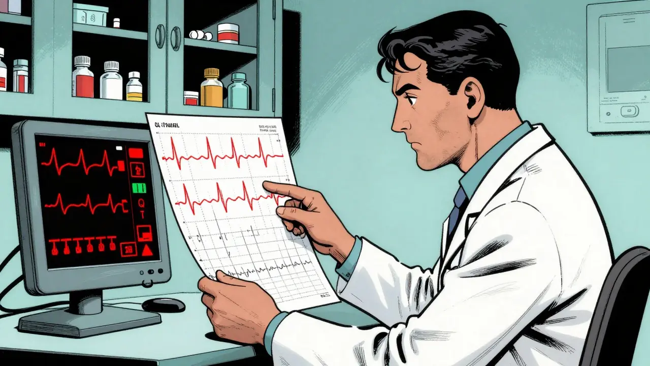 Doctor analyzing a prolonged QT interval on an ECG printout in a clinic