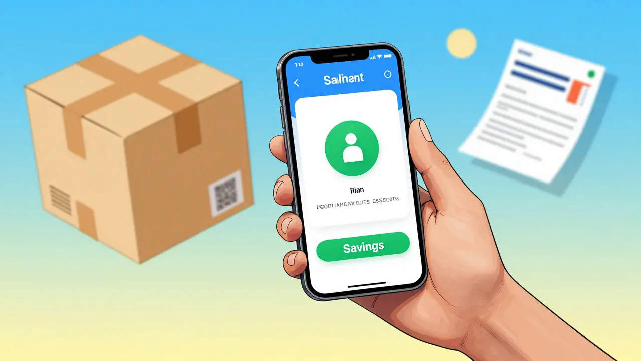 Hand using a mobile app to find pharmacy discounts in a comic style.
