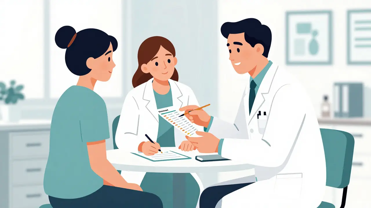 Healthcare advocate collaborating with a doctor to ensure medication accuracy for a patient.