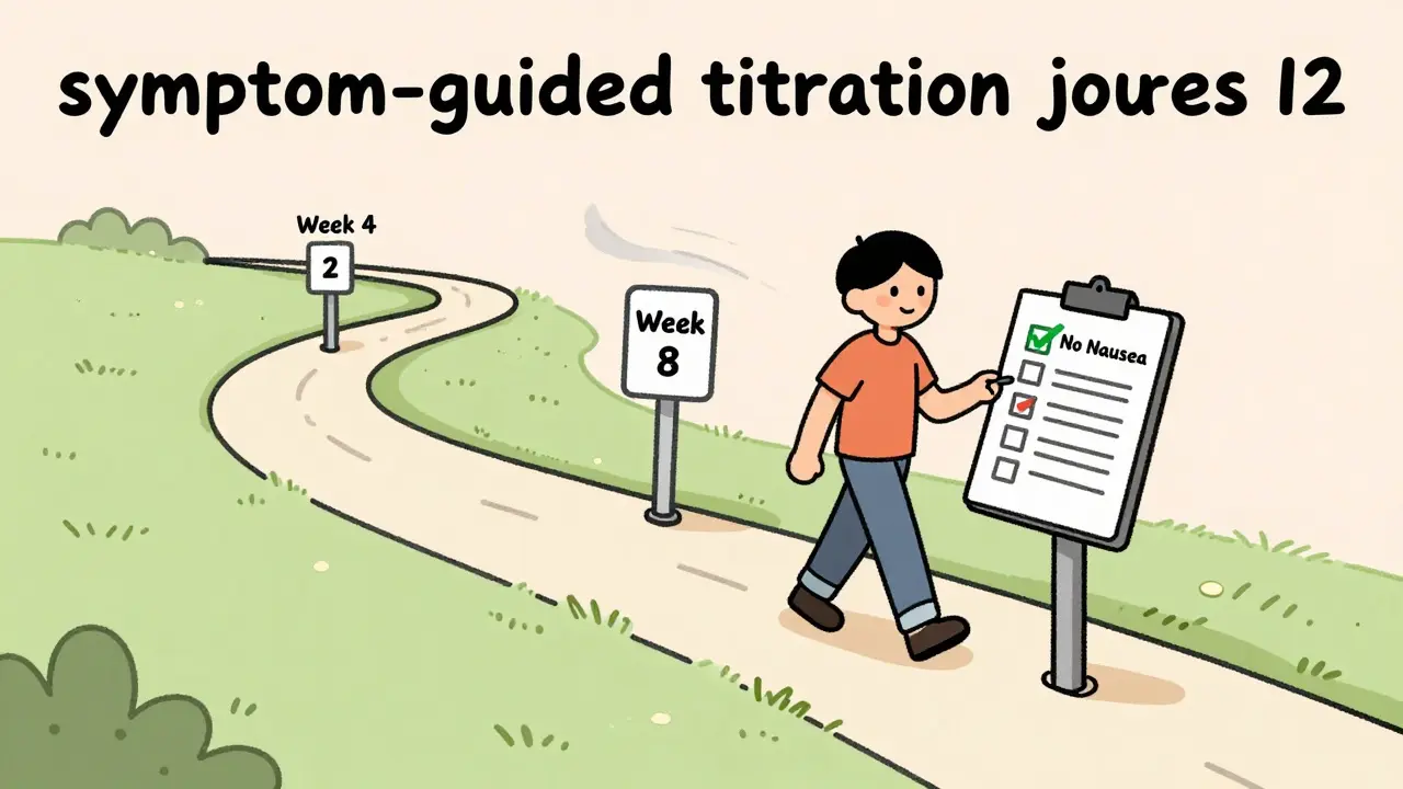 Illustration of a person carefully following a medication dose timeline based on their symptoms.