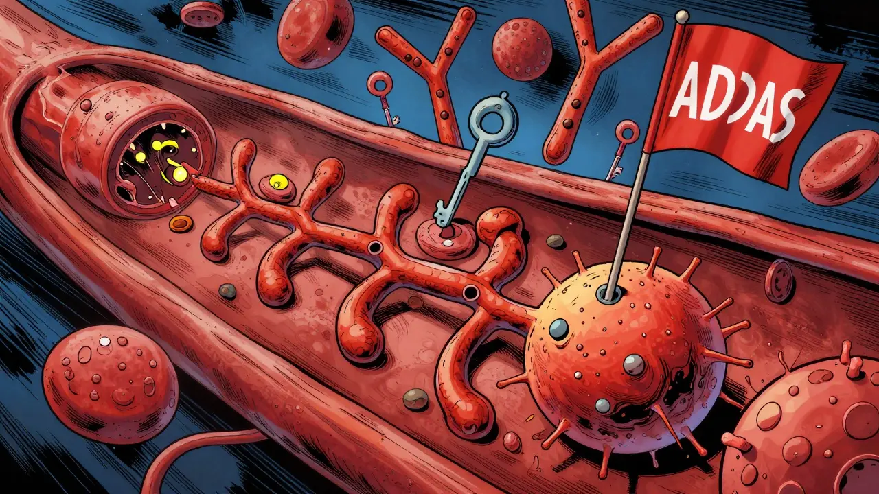 Immune cells producing antibodies to attack a protein molecule in the bloodstream