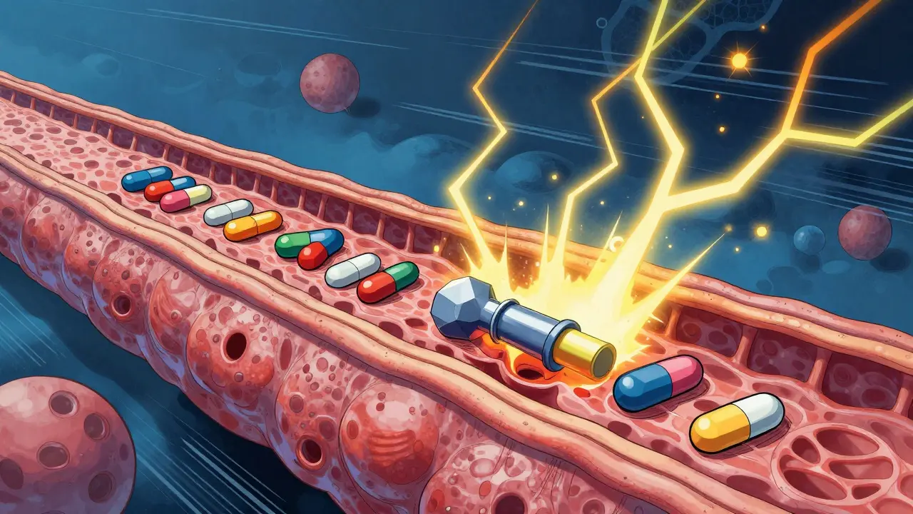 Molecular illustration of methadone blocking potassium channels in a heart cell