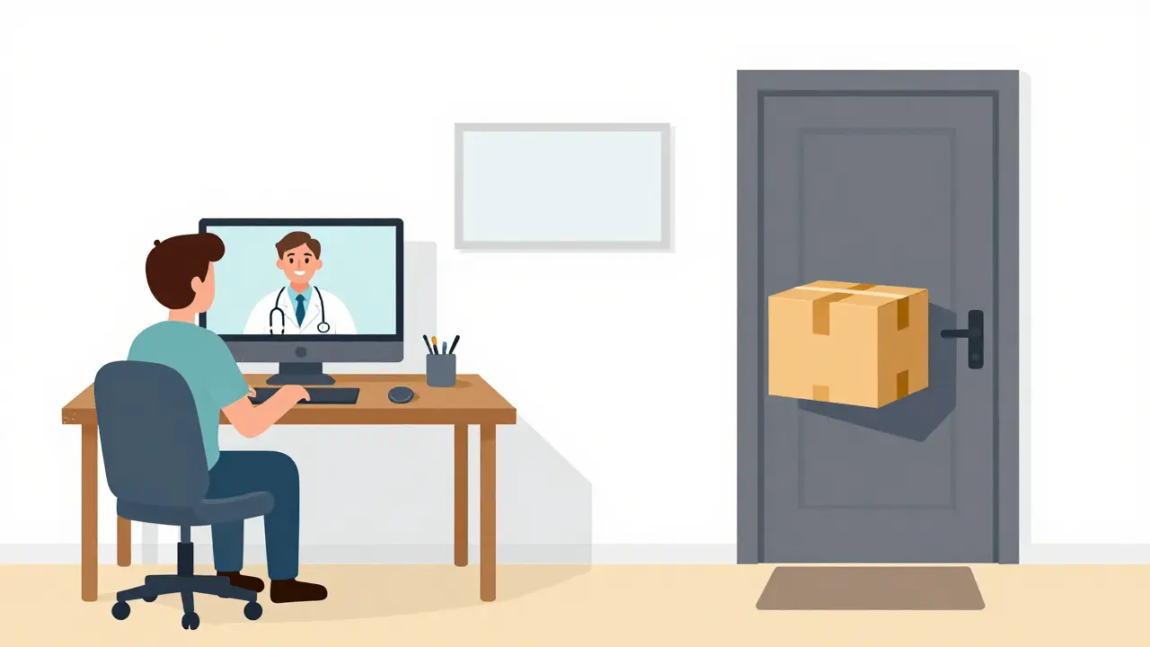 Patient having a telehealth consultation and receiving a secure medication delivery