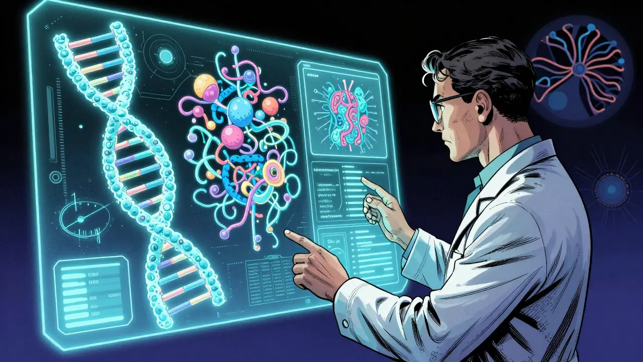 Scientist analyzing a holographic multi-omics display of DNA and protein patterns